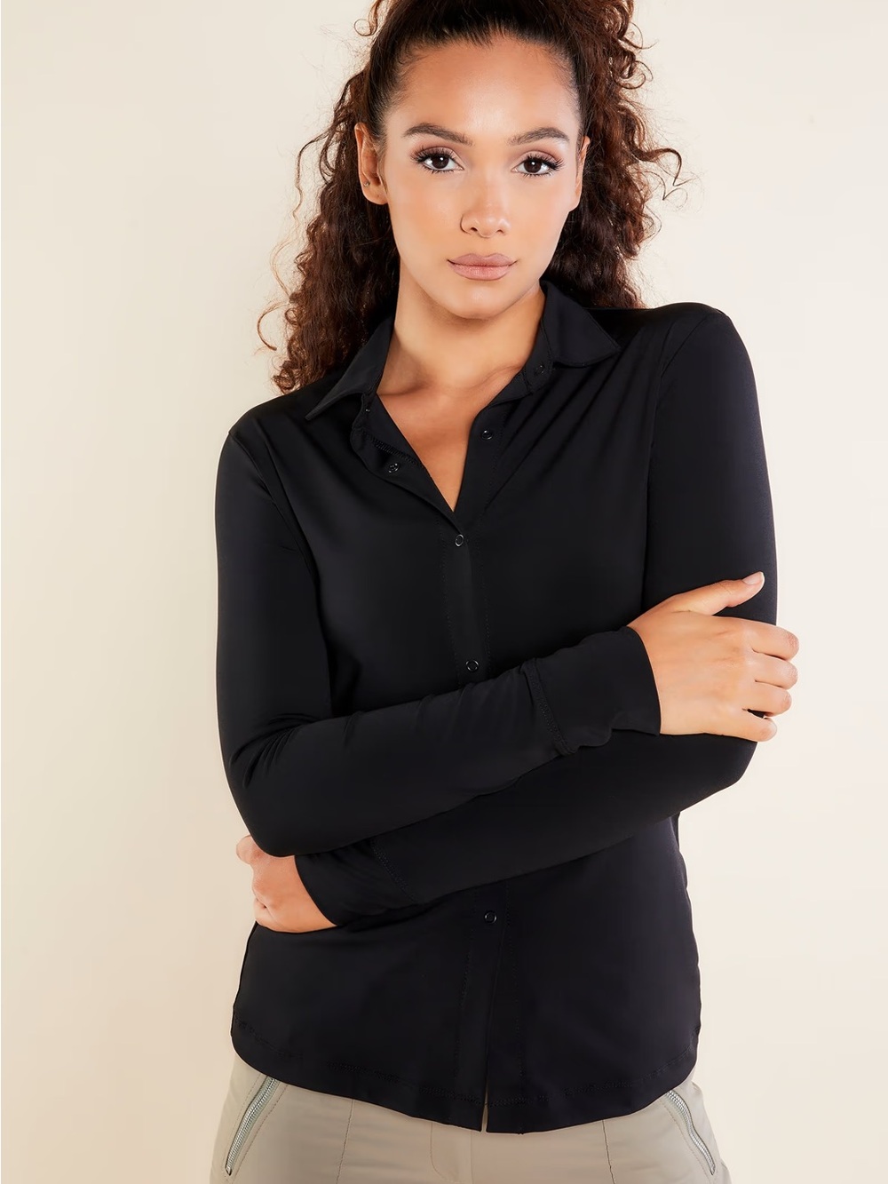 ANATOMIE Danica Snap On Super Jersey Top Collared Blouse Black Womens size XL